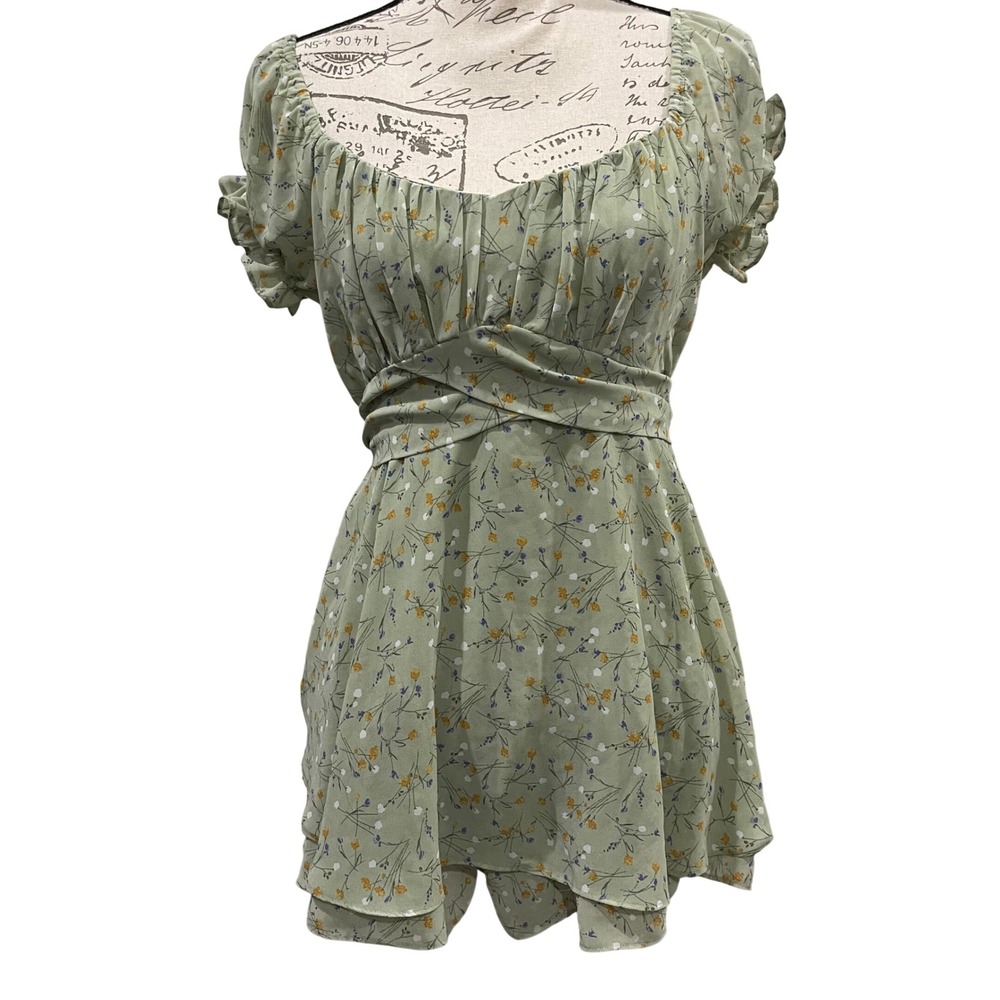 2bella Romper Women M Green Floral Cottagecore Milkmaid Puff Sleeve Dainty Boho